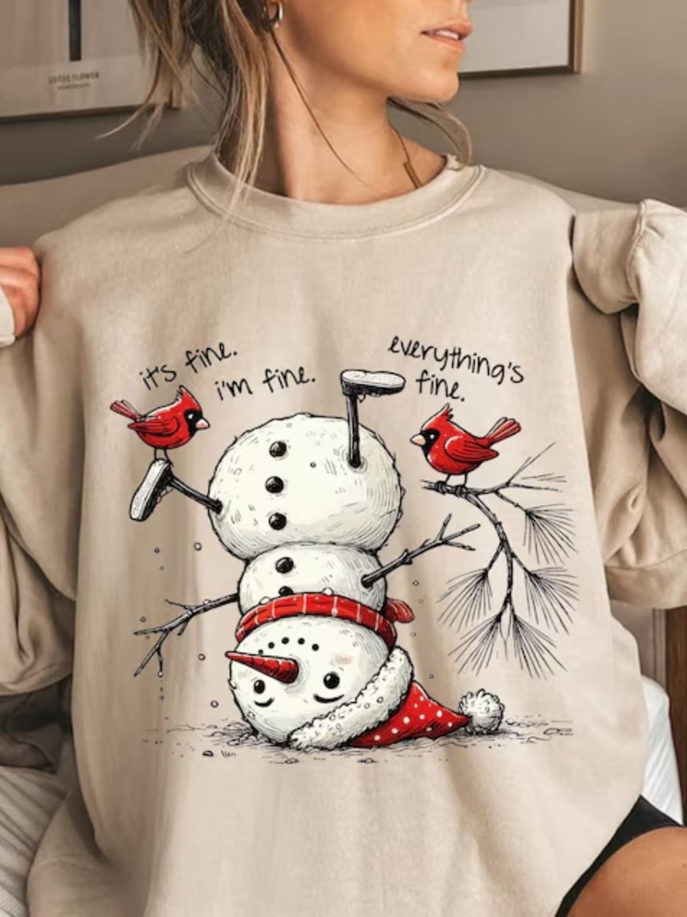 Everything's Fine Snowman Graphic Sweatshirt with Red Accents